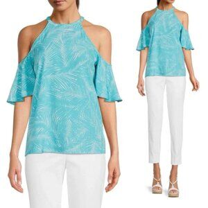 Michael Michael Kors Cold Shoulder Blouse Turquoise Palm Print Size Small